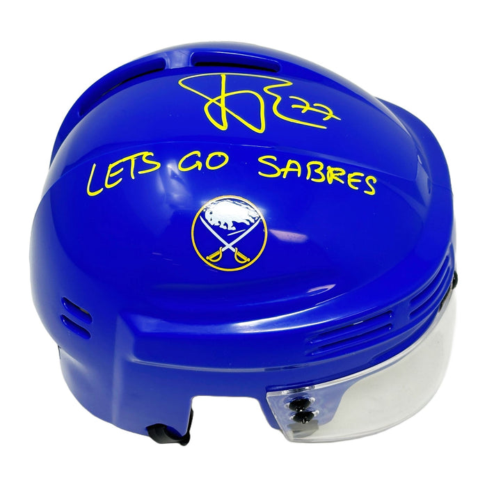 JJ Peterka Signed Buffalo Sabres Blue Mini Helmet with Let's Go Sabres Signed Hockey Mini Helmet TSE Buffalo 
