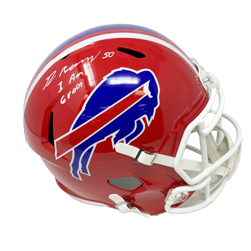 Greg Rousseau Signed Buffalo Bills Full Size Red TB Speed Replica Helmet with I Am Groot Signed Full Size Helmets TSE Buffalo 