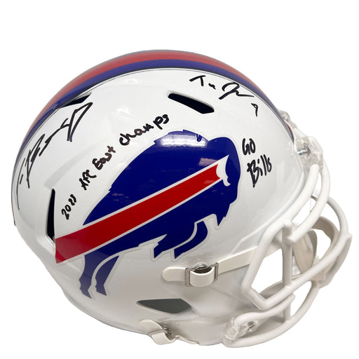 Christian Benford and Taron Johnson Dual Signed Buffalo Bills Full Size 2021 Speed Replica Helmet with '23 AFC East Champs and Go Bills Signed Full Size Helmets TSE Buffalo 
