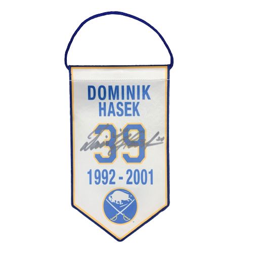 Dominik Hasek Signed Sabres Mini Banner Signed Hockey Pucks TSE Buffalo 
