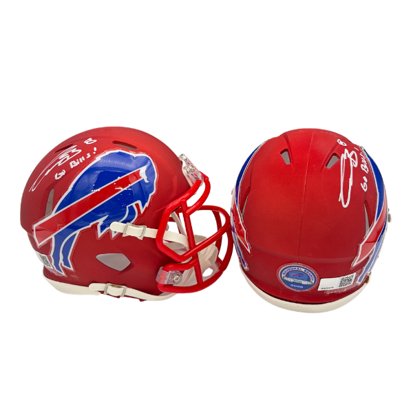 Terrel Bernard Signed TSE Exclusive Riddell Inaugural Buffalo Bills Red Speed Mini Helmet with "Go Bills"