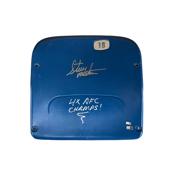 Steve Tasker Autographed Authentic Highmark Stadium Blue Seatback with "4x AFC Champs"