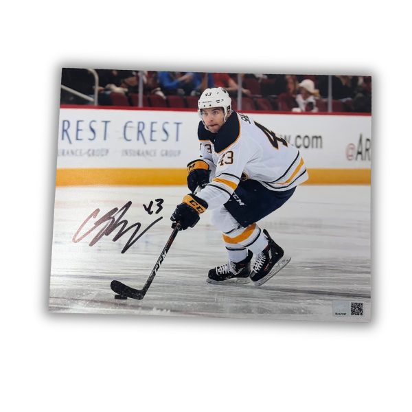 Conor Sheary Signed Skating in White Looking Up Photo