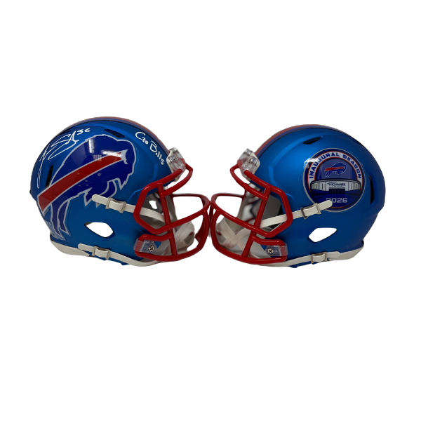 Javon Solomon Signed TSE Exclusive Riddell Inaugural Buffalo Bills Blue Speed Mini Helmet with "Go Bills"