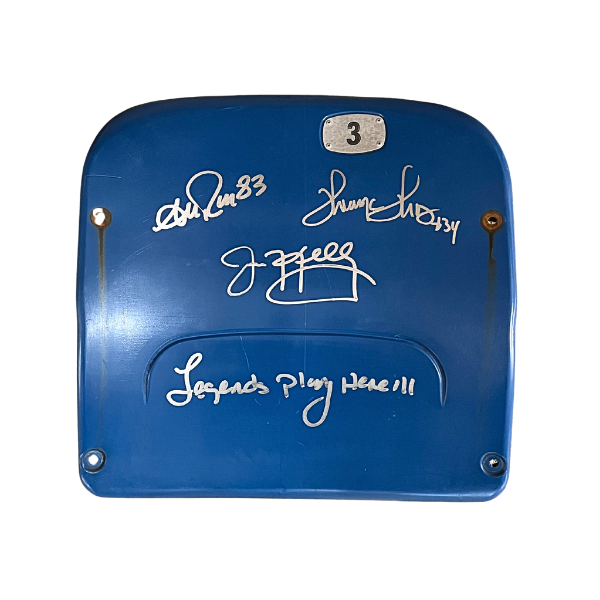 Triplet Autographed Authentic Highmark Stadium Blue Seatback with "Legends Played Here"