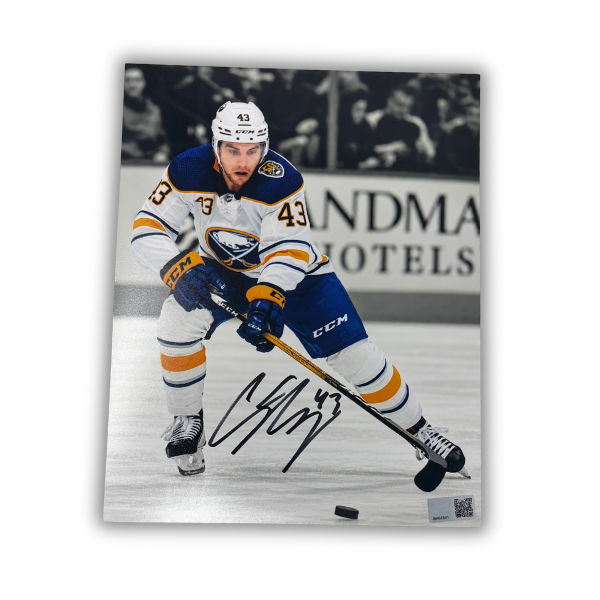 Conor Sheary Signed Skating with Puck Eyes Down in White Photo