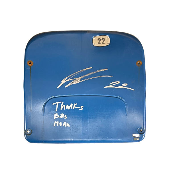 Ray Davis Autographed Authentic Highmark Stadium Blue Seatback with "Thanks Bills Mafia"