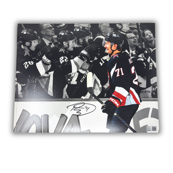 Ryan McLeod Signed Celebrating with Bench in Goathead Jersey Spolight Photo
