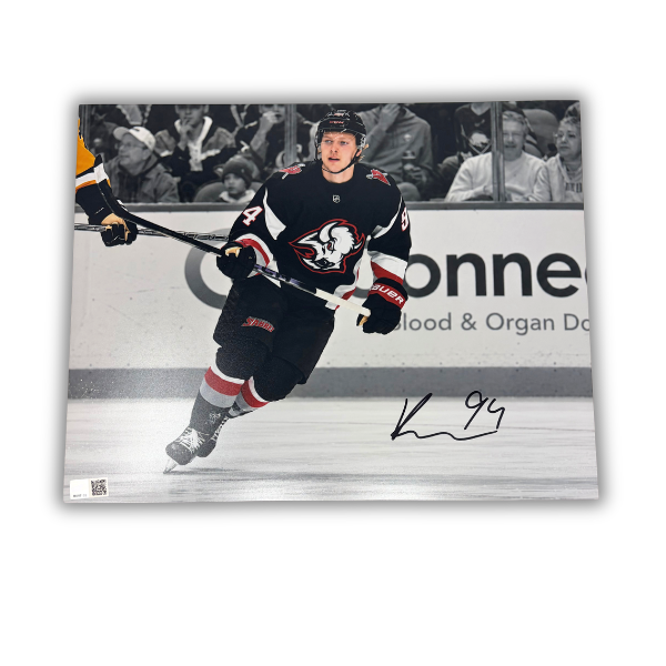 Konsta Helenius Signed Stick up in Goathead Jersey Spotlight Photo