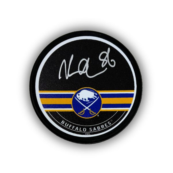 Noah Ostlund Signed Buffalo Sabres Blue and Gold Striped Hockey Puck