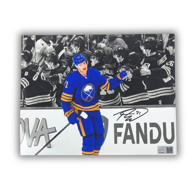 Ryan McLeod Signed Bench Celebration in Blue Jersey Spotlight Photo
