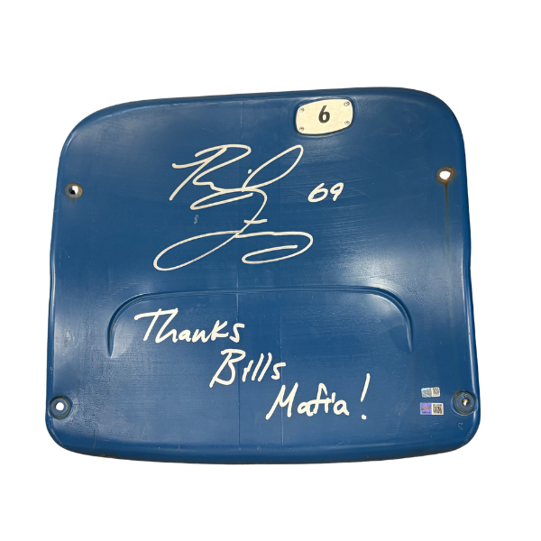 Reid Ferguson Autographed Authentic Highmark Stadium Blue Seatback with "Thanks Bills Mafia"