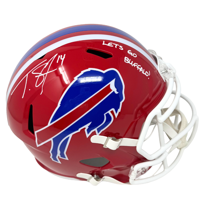 Tyrell Shavers Signed Buffalo Bills Full Size Red Throwback Speed Replica Helmet with "Let's Go Buffalo"