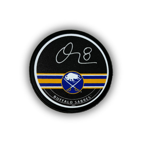 Olen Zellweger Signed Buffalo Sabres Blue and Gold Striped Hockey Puck