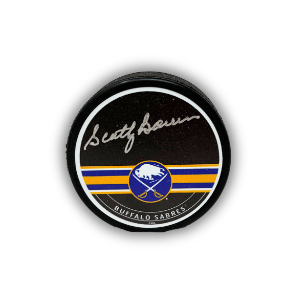 Scotty Bowman Signed Buffalo Sabres Blue and Gold Striped Hockey Puck