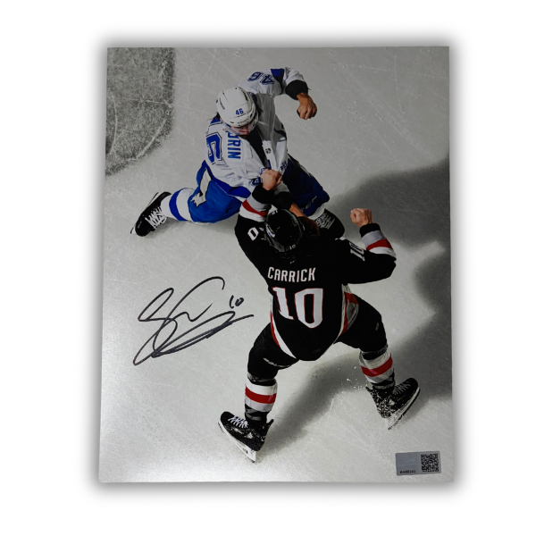Sam Carrick Signed Fighting in Goathead Jersey vs Tampa Spotlight Photo