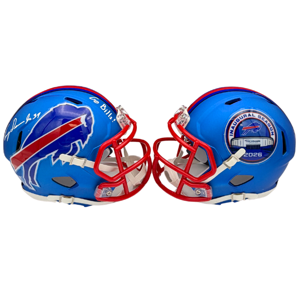 Tommy Doman Signed TSE Exclusive Riddell Inaugural Buffalo Bills Blue Speed Mini Helmet with "Go Bills"