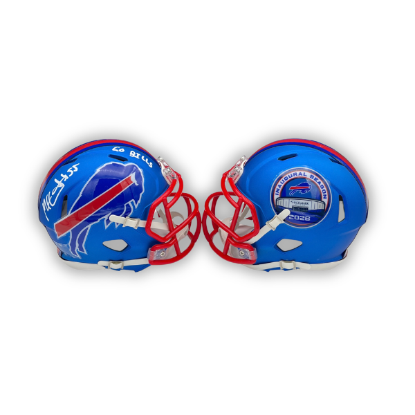Michael Hoecht Signed TSE Exclusive Riddell Inaugural Buffalo Bills Blue Speed Mini Helmet with "Go Bills"