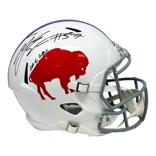 A.J Epenesa Signed Buffalo Bills Full Size Standing Buffalo Speed Replica Helmet with Let's Go Buffalo Signed Helmets TSE Buffalo 