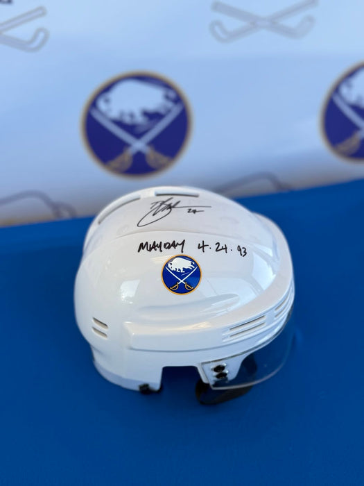 Facebook Auction: Brad May Signed Buffalo Sabres White Mini Helmet with "Mayday 4/24/93"