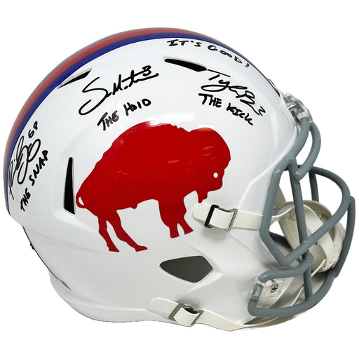 Special Teams Triple Signed Buffalo Bills Full Size Standing Buffalo Speed Replica Helmet with The Snap, The Hold, The Kick and It's Good Signed Full Size Helmets TSE Buffalo 