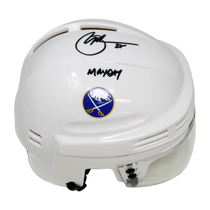 Brad May Signed Buffalo Sabres White Mini Helmet with Mayday Signed Hockey Helmet TSE Buffalo 