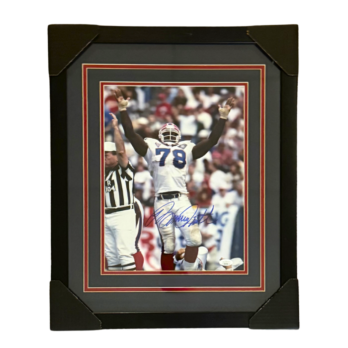 Bruce Smith Signed Arms Up Sack Celebration vs. New England Patriots 11x14 Photo Professionally Framed