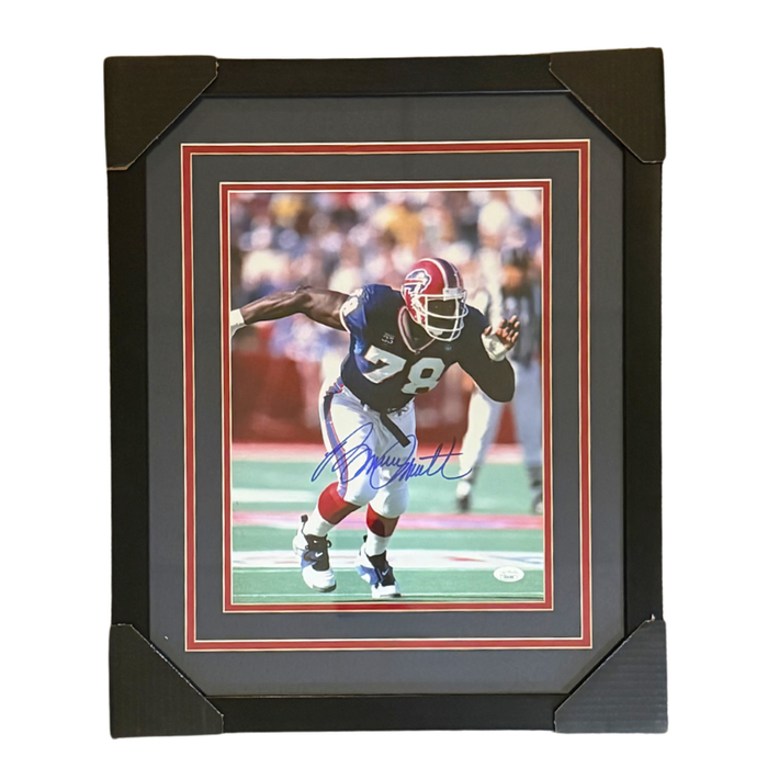 Bruce Smith Signed Rushing up Field in Blue and White Uniform Combo 11x14 Photo Professionally Framed