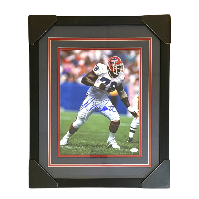 Bruce Smith Signed Rushing up Field in all White Uniform 11x14 Photo Professionally Framed