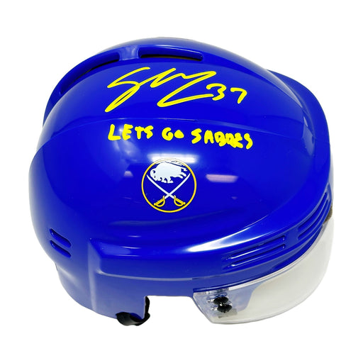 Casey Mittelstadt Signed Buffalo Sabres Blue Mini Helmet with Let's Go Sabres Signed Hockey Helmet TSE Buffalo 