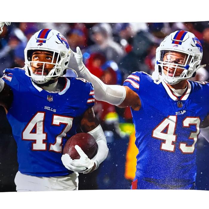 Terrel Bernard and Christian Benford Unsigned First Down Celebration 8x10 Photo