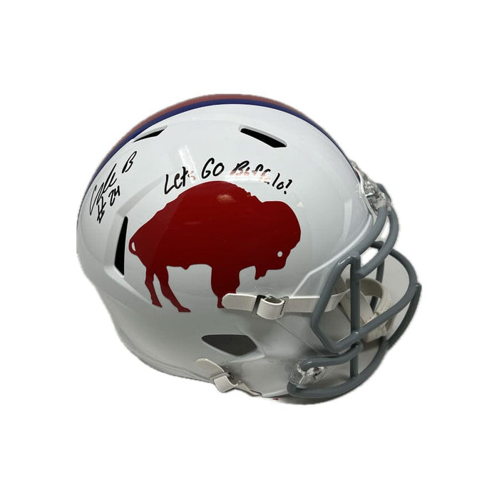 Cole Bishop Signed Buffalo Bills Full Size Standing Buffalo Speed Replica Helmet with Let's Go Buffalo Signed Full Size Helmets TSE Buffalo 