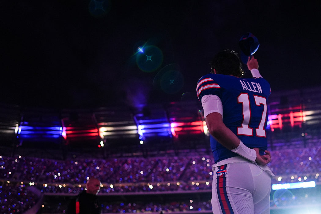 Josh Allen Unsigned Waving Hat Home Opener Photo