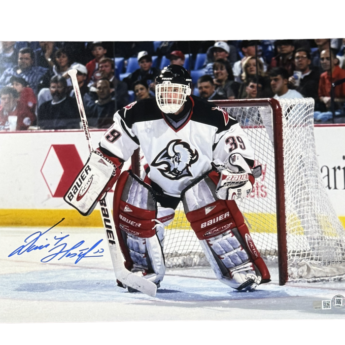 Dominik Hasek Signed in Net Wearing Alternate Goathead Uniform 16x20 Photo