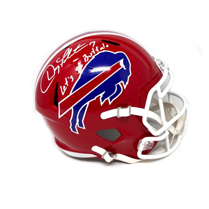 Doug Flutie Signed Buffalo Bills Full Size Red Throwback Speed Replica Helmet with Let's Go Buffalo Signed Full Size Helmets TSE Buffalo 