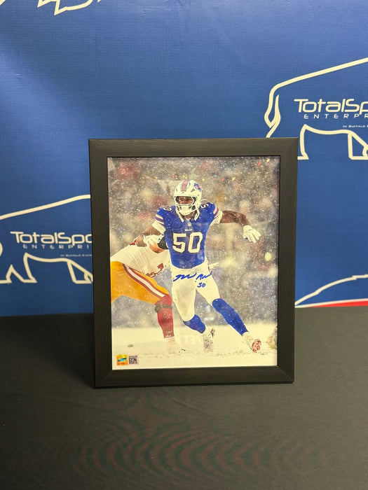 Facebook Auction: Greg Rousseau Signed Rushing in Snow vs 49ers Photo 8x10 (Standard Frame)