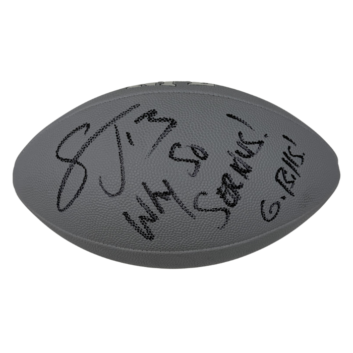 Stevie Johnson Signed Grey Wilson Replica Football with Why So Serious and Go Bills!