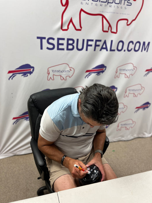 Michael Peca Signed Buffalo Sabres Black Goathead Hockey Mini Helmet with "Let's Go Buffalo"