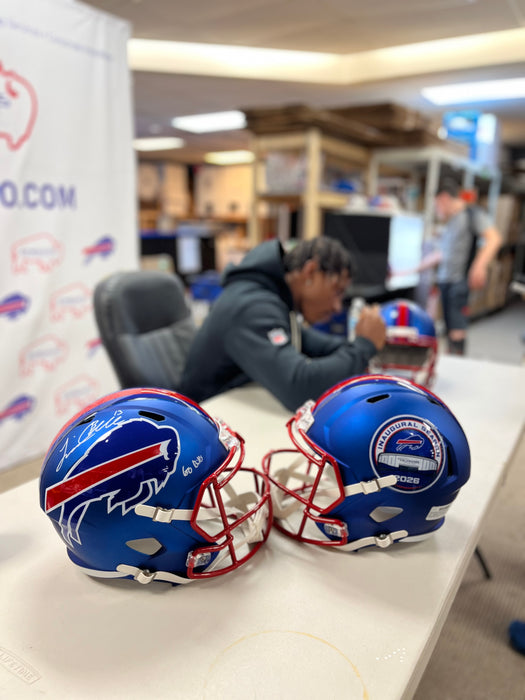 Skyler Bell Signed TSE Exclusive Riddell Inaugural Buffalo Bills Full Size Blue Speed Replica Helmet with "Go Bills"