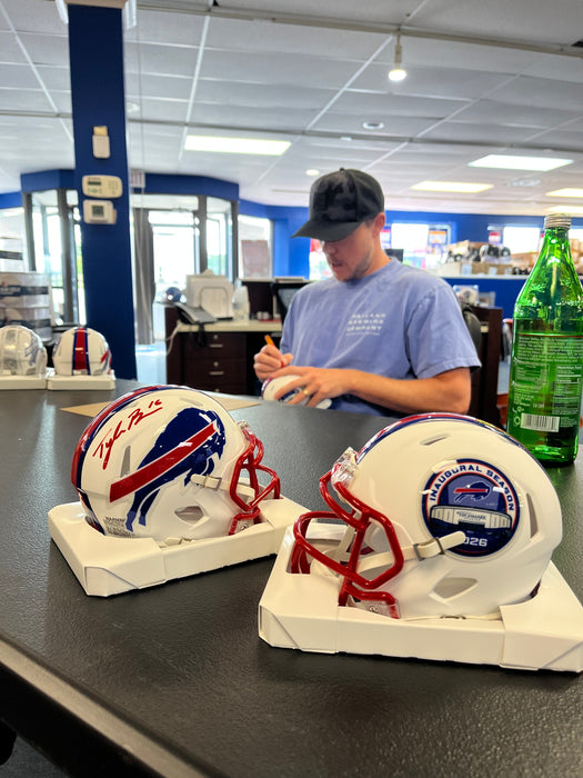 Tyler Bass Signed TSE Exclusive Riddell Inaugural Buffalo Bills White Speed Mini Helmet