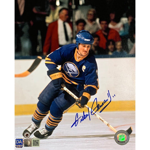 Gilbert Perreault Signed Skating in Blue with Stick Down 8x10 Photo Signed Hockey Photo TSE Buffalo 