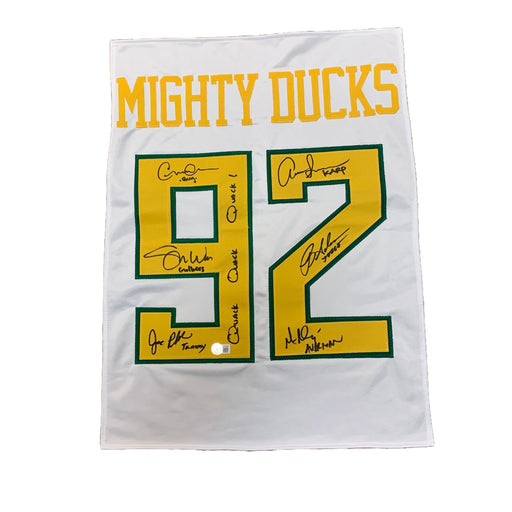 Mighty Ducks Cast Signed White Custom Jersey Panel with "Quack Quack Quack" Signed Movie TSE Buffalo 