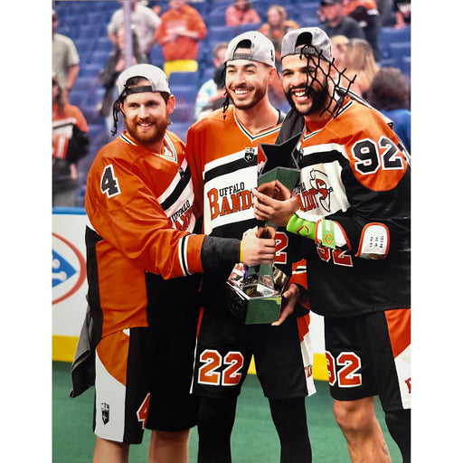 Dhane Smith, Josh Byrne and Ian Mackay Unsigned Holding Trophy Photo Signed Lacrosse Photo TSE Buffalo 8X10 