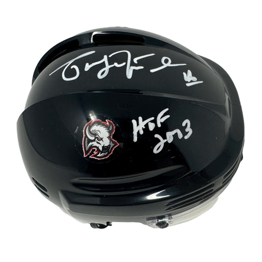 Pat LaFontaine Signed Buffalo Sabres Black Goathead Mini Helmet with HOF 2003 Signed Hockey Mini Helmet TSE Buffalo 