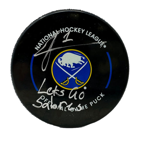 Ukko-Pekka Luukkonen Signed Official Game Model Puck with Let's Go Sabres Signed Hockey Pucks TSE Buffalo 