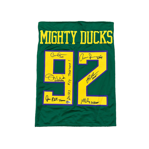 Mighty Ducks Cast Signed Green Custom Jersey Panel with "Ducks Fly Together" Signed Movie TSE Buffalo 