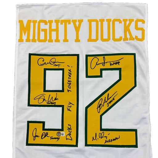 Mighty Ducks Cast Signed White Custom Jersey Panel with "Ducks Fly Together" Signed Movie TSE Buffalo 