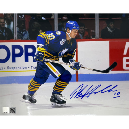 Dale Hawerchuk Signed Stick Up Skating in Blue 8x10 Photo Signed Hockey Photo TSE Buffalo 