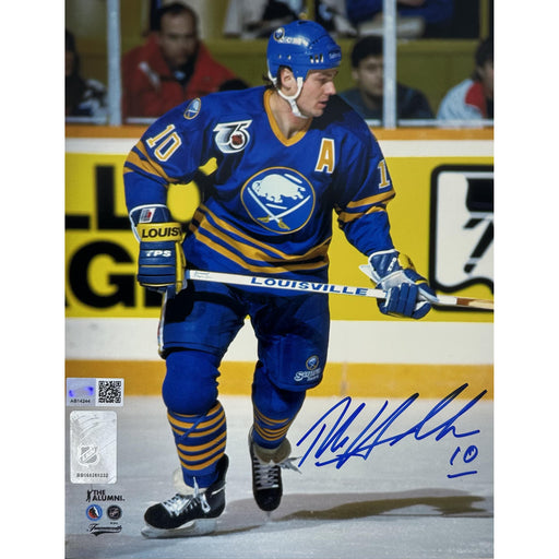 Dale Hawerchuk Signed Skating in Blue with Louisville Stick 8x10 Photo. Signed Hockey Photo TSE Buffalo 