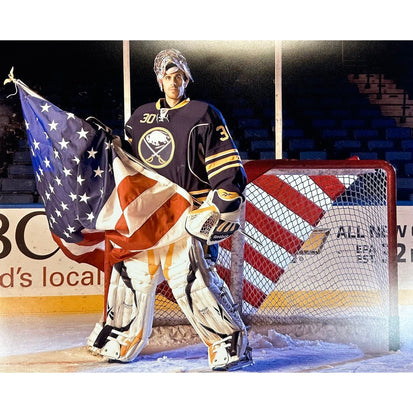 Ryan Miller Unsigned Holding USA Flag in Net 16x20 Photo Unsigned Photos TSE Buffalo 